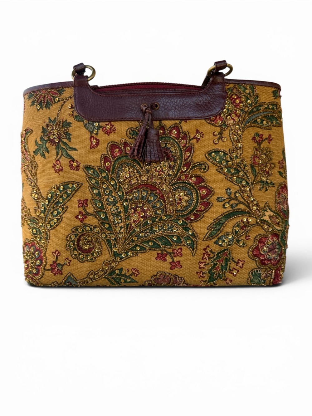 Rare Vtg Isabella Fiore Large Beaded Sequin Mustard Paisley Tote